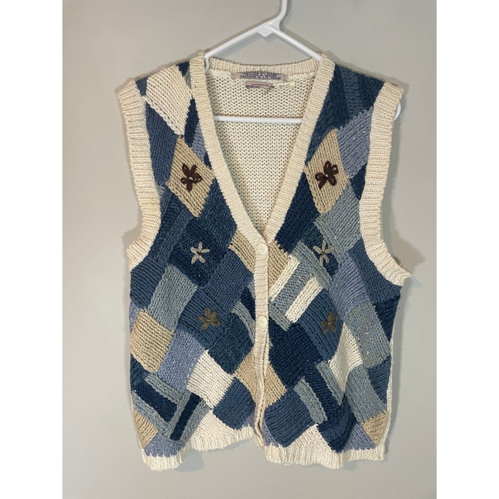 VTG Hand Knit Blue Patchwork Floral Embroidered Sweater Vest Women L Cottagecore